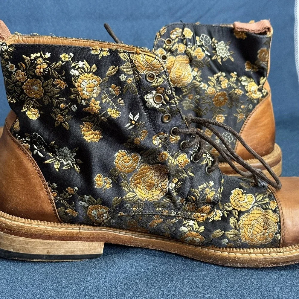 TAFT Mens Floral Cap Toe Lace Up Ankle Boots Brown Gold EU 42 US 9